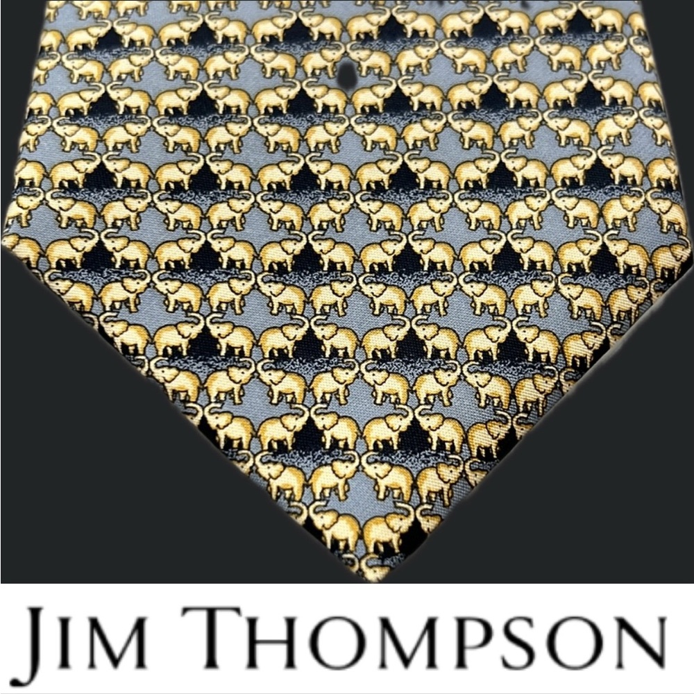 🐘SHORT/55”L Elephant Patterned Silk Neck Tie | Black & Gold—Jim Thompson—3.5”W